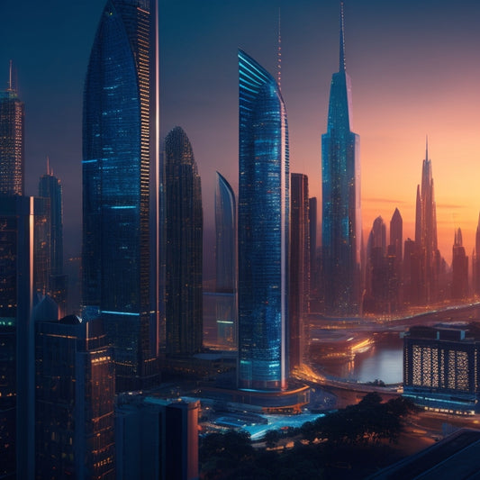 A futuristic cityscape at dusk, with sleek skyscrapers featuring windows that shimmer with a subtle, iridescent glow, as if infused with tiny, interconnected solar panels.