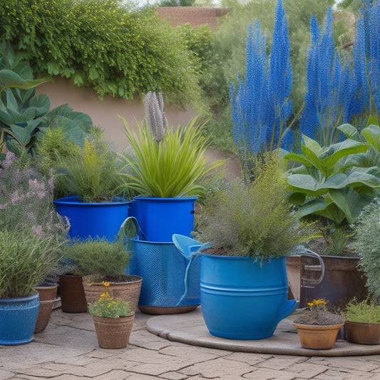 A vibrant, lush garden with a variety of drought-resistant plants, interspersed with repurposed household items like old boots, colanders, and watering cans, surrounded by a subtle, gradient blue background evoking a sense of water conservation.