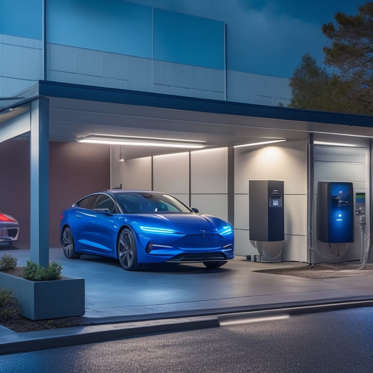 A modern, sleek, and well-lit garage with a shiny new electric vehicle parked beside a sleek, wall-mounted EV charging station with a subtle glow of blue LED lights.