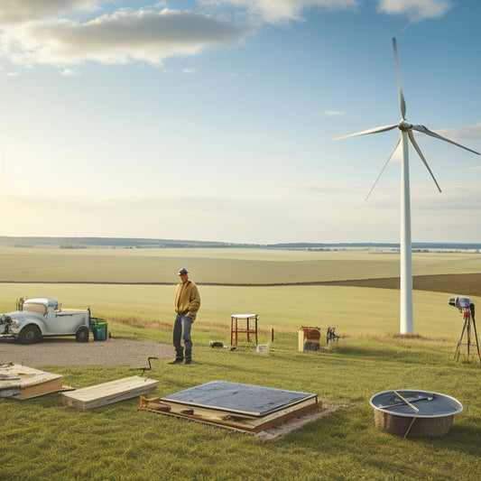 A serene landscape with a person in the distance, surrounded by tools and materials, assembling a wind turbine from scratch, with blades and a hub laid out, and a DIY workshop in the background.