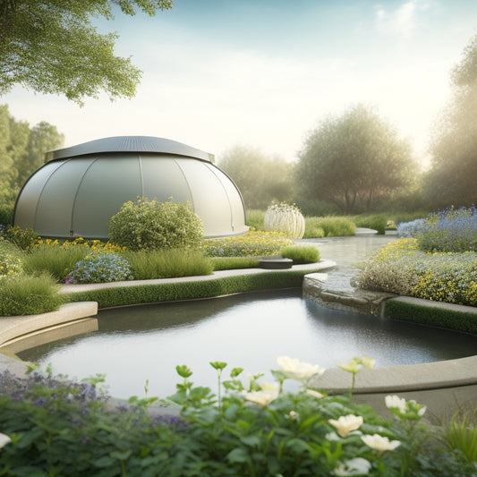 A serene outdoor scene featuring a modern, curved roof with rainwater flowing into a sleek, eco-friendly tank adorned with lush greenery, surrounded by blooming flowers and a few bird species.