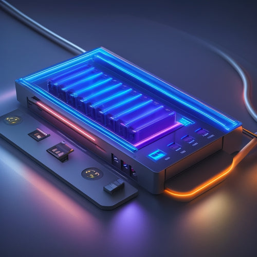 A futuristic, high-tech illustration of a sleek power strip with 6 outlets, each with a small, glowing LED indicator displaying real-time energy usage, surrounded by minimalist, modernized circuitry components.