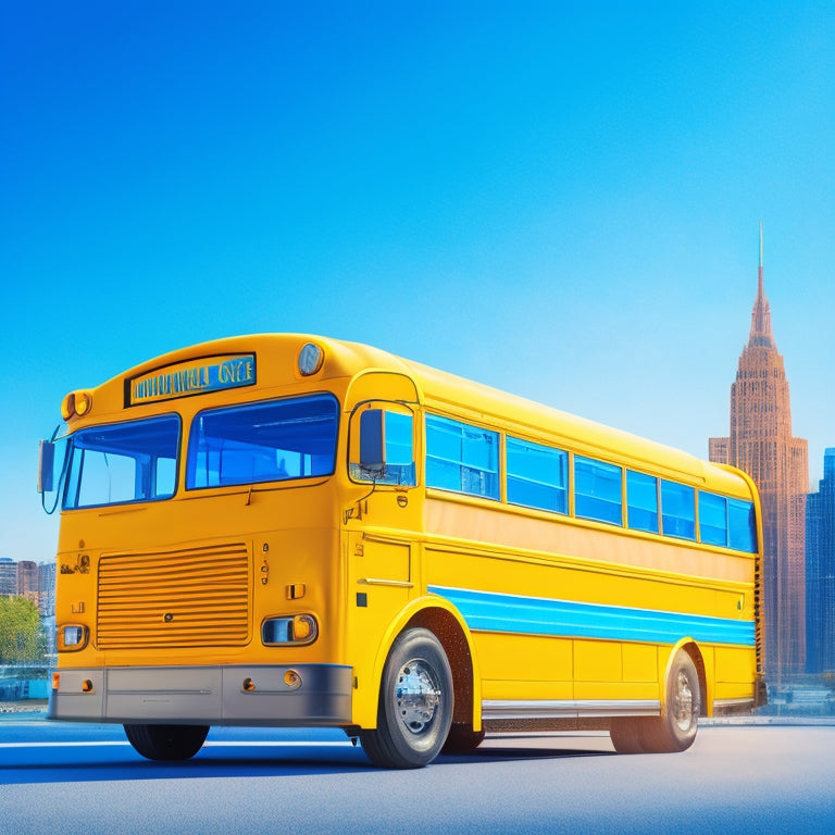 An illustration featuring a bright yellow school bus with electric plugs incorporated into the design, set against a gradient blue background with faint outlines of government buildings and dollar signs.