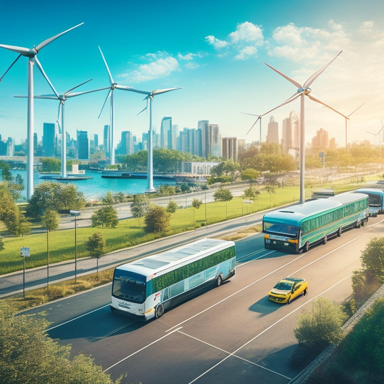 An illustration of a cityscape with a fleet of electric and hybrid vehicles, including vans, trucks, and buses, amidst lush greenery, with solar panels and wind turbines in the background.