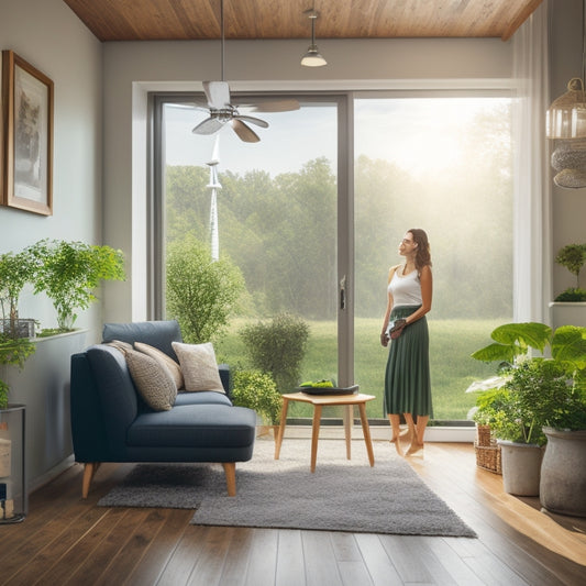 A serene, eco-friendly home interior with a person holding a solar-powered vacuum, surrounded by lush greenery, a wind turbine spinning outside the window, and a recycling bin in the corner.