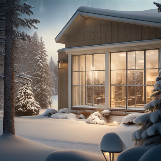 Generate an image featuring a snow-covered, modern suburban home with triple-pane windows, warm golden light emanating from inside, amidst a swirling blizzard with snowflakes gently falling on the windows.