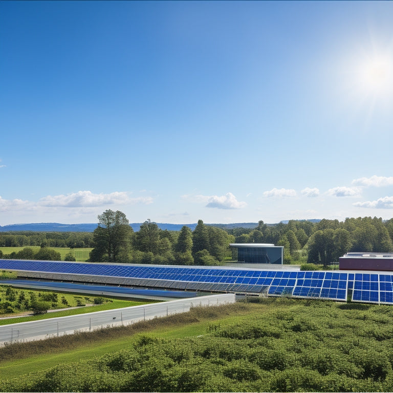 A serene landscape with a large, modern commercial building in the background, covered in sleek solar panels, surrounded by lush greenery and a bright blue sky with a few white, puffy clouds.