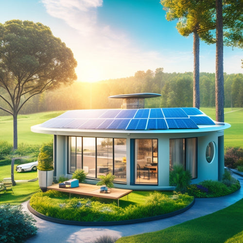 A futuristic, eco-friendly home with solar panels and wind turbines, surrounded by lush greenery, with a dashboard display showing energy levels, coins, and badges, amidst a bright, sunny background.