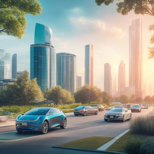 A futuristic cityscape with sleek electric vehicles parked at charging stations situated near a bustling shopping mall, a highway rest stop, and a modern apartment complex, surrounded by lush greenery.