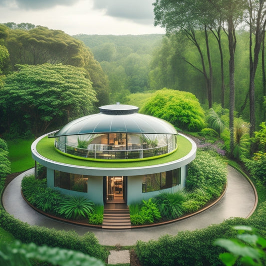 A serene, modern green home surrounded by lush vegetation, with a rooftop rainwater collection system featuring curved, transparent tubes and a sleek, wall-mounted storage tank.
