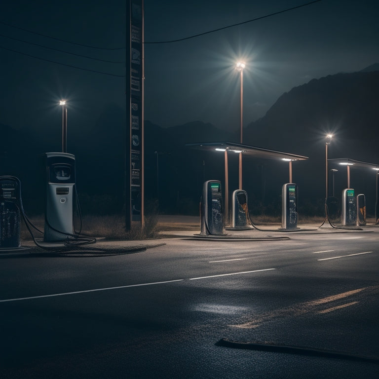 A dark and ominous scene of a deserted electric vehicle charging station at night, with cut and stripped copper cables scattered on the ground, amidst broken and vandalized charging units.