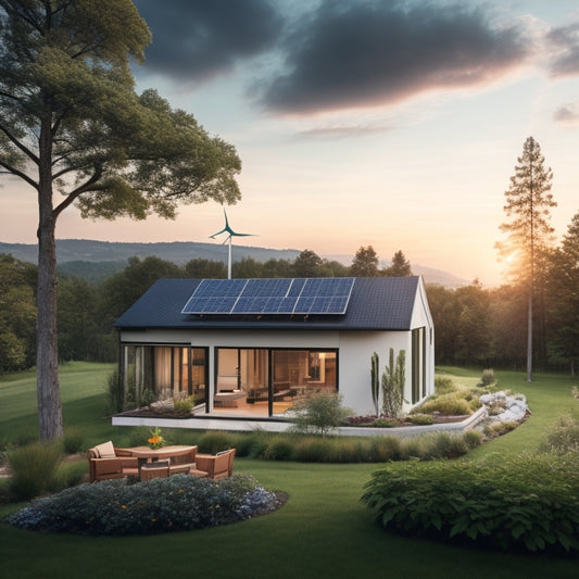 A serene, modern home surrounded by lush greenery, with solar panels on the roof and a wind turbine in the distance, emitting a soft, radiant glow, symbolizing eco-friendly living.