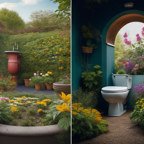 An illustration of a contrasting split-screen: a dirty, overflowing toilet on the left, and a lush, vibrant garden with blooming flowers and thriving vegetables on the right, connected by a curved pipe.