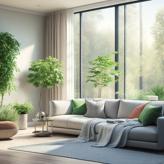 A serene, modern living room with a large window, cooled by a subtle, silver-tinged heat-reflective film, casting a warm, gentle glow on the light-colored furniture and lush green plants.