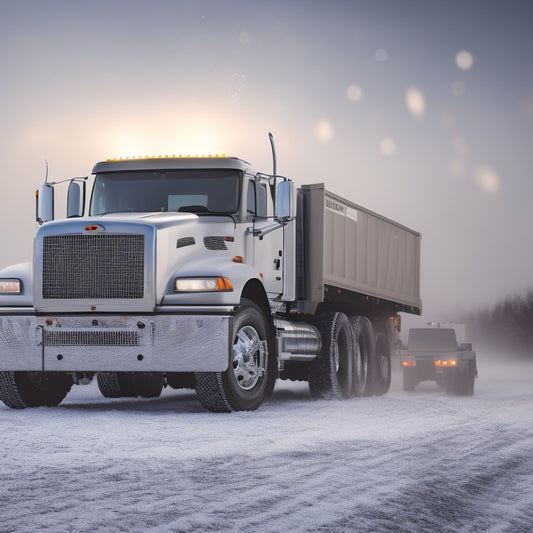 A dramatic, close-up illustration of a rugged, silver electric spreader mounted on a heavy-duty truck, set against a misty, winter morning backdrop with snowflakes gently falling around it.
