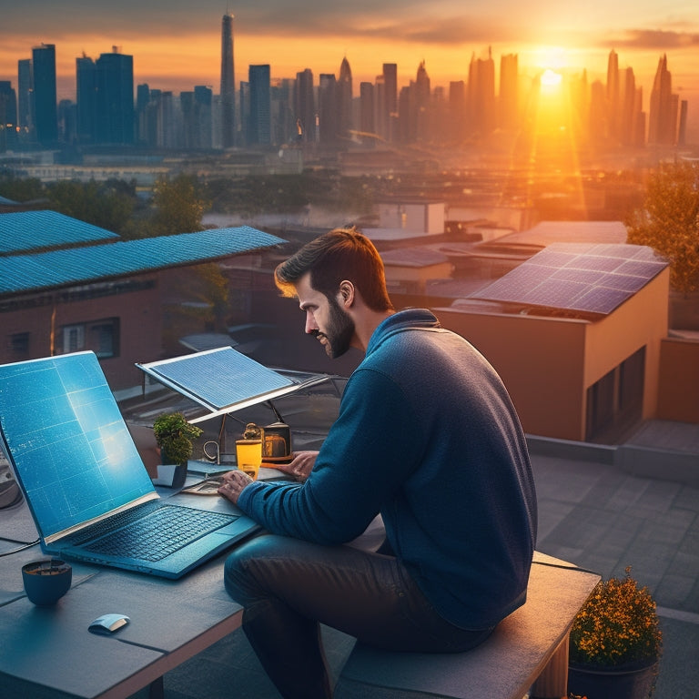 An illustration of a person sitting in front of a laptop, surrounded by solar panels and roof tiles, with a cityscape in the background, and a subtle glow around the laptop screen.