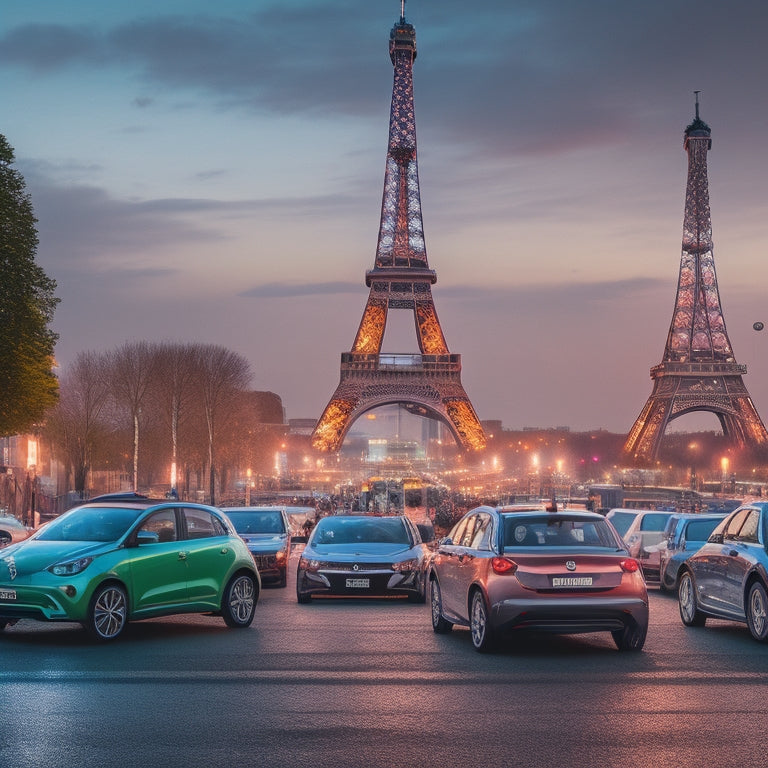 An illustration of the Eiffel Tower surrounded by a fleet of electric vehicles in various colors, with a subtle grid of Parisian streets in the background, and a faint green glow symbolizing eco-friendliness.