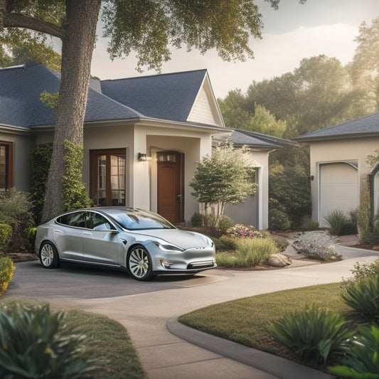 A serene suburban home with a Tesla parked in the driveway, surrounded by lush greenery, featuring a discreet greywater harvesting system, and a small garden irrigated by a recycling water tank.