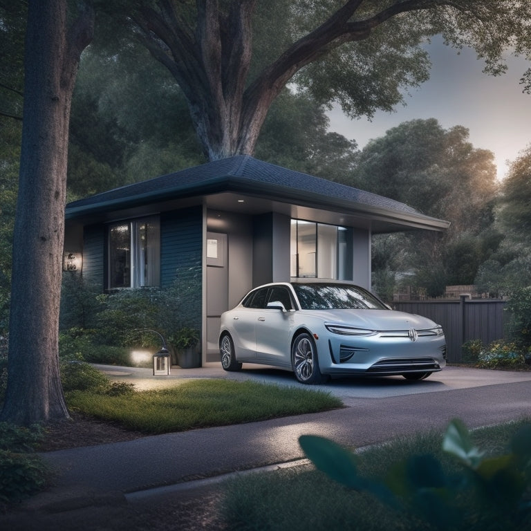 A serene suburban home with a sleek, silver electric car parked in the driveway, connected to a modern, wall-mounted charging station with a glowing blue light, surrounded by lush greenery.