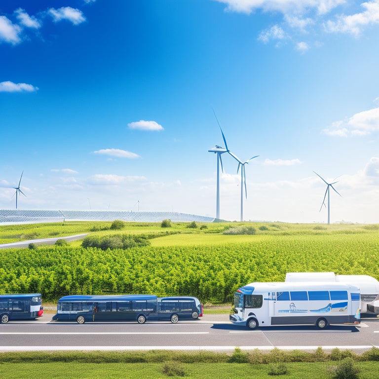 An illustration depicting a fleet of electric vehicles, including buses and trucks, surrounded by greenery, with wind turbines and solar panels in the background, under a bright blue sky with fluffy white clouds.