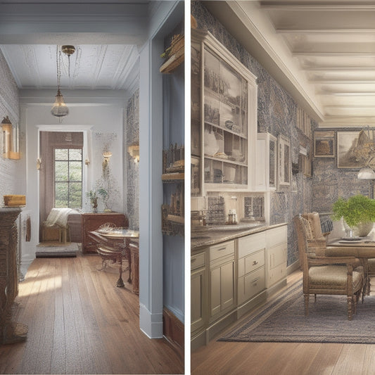An illustration of a historic home's interior, with a split-level design: the left side showcasing outdated, worn-out insulation, and the right side featuring modern, eco-friendly materials and sleek installation.