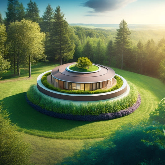 An illustration of a modern, eco-friendly home with a green roof, surrounded by lush trees, featuring a prominent thermostat with a green leaf icon, and a subtle background of swirling air currents.