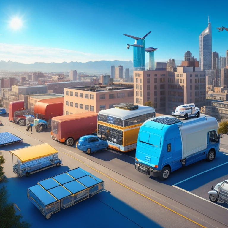 An illustration of a cityscape with various types of delivery vehicles, each featuring a different roofing system: solar panels, cargo carriers, luggage racks, and more, set against a bright blue sky.