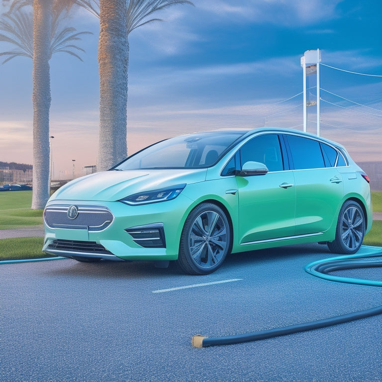 An illustration featuring a sleek, silver electric vehicle parked in front of a bright green background with a faint grid pattern, surrounded by subtle, swirling lines resembling electrical currents.