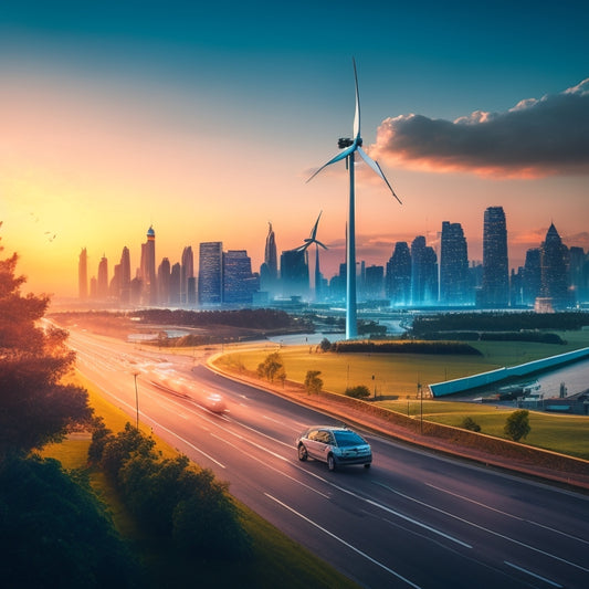 A futuristic cityscape at dusk, with sleek electric vehicles zooming past vibrant greenery, amidst towering wind turbines and solar panels, set against a backdrop of emerging market country flags.