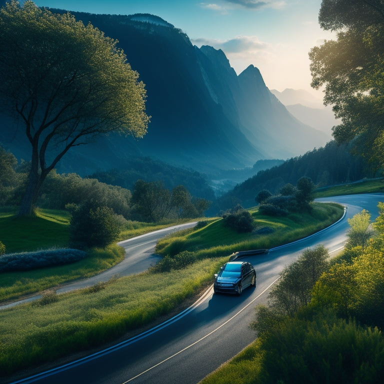 A scenic landscape with a winding road, a few leafy trees, and a sleek electric vehicle driving into the distance, surrounded by subtle, glowing blue icons representing incentives and benefits.