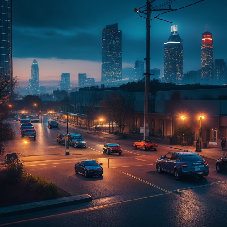 A dimly lit cityscape at dusk with a lone, idle electric vehicle charging station in the foreground, surrounded by empty streets and a few scattered, motionless cars in the background.