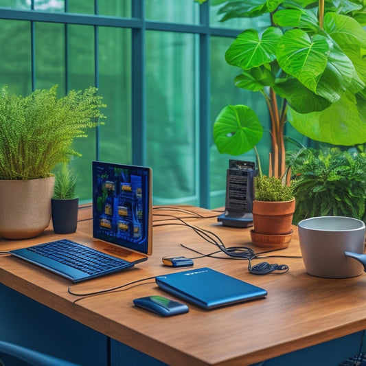 A clutter-free desk with a sleek power strip, organized cords, and a few strategically placed energy-efficient devices, surrounded by subtle greenery and a faint background of circuit boards.
