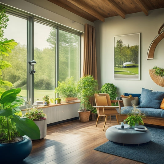 A serene, eco-friendly home interior with a person holding a solar-powered vacuum, surrounded by lush greenery, a wind turbine spinning outside the window, and a recycling bin in the corner.