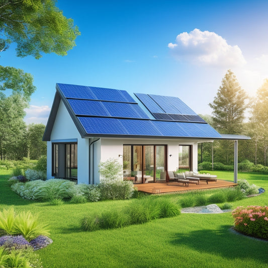 An illustration of a modern, eco-friendly home with a recycled metal roof, solar panels, and a lush green garden, set against a bright blue sky with fluffy white clouds.