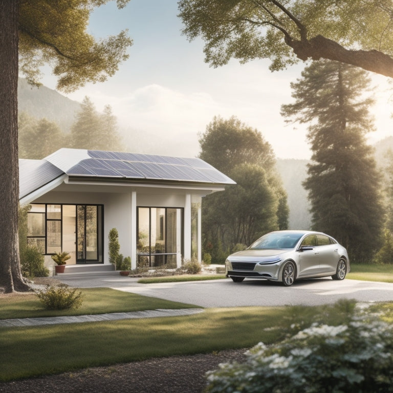 A serene landscape with a sleek, silver electric vehicle parked in front of a modern house, surrounded by lush greenery, with a solar panel array installed on the roof, and a charging station nearby.