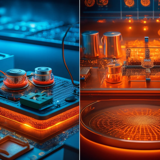 A split-screen image: a modern induction cooktop with a faint blue glow on the left, and a tangled web of wires, circuit boards, and power plants on the right, lit by warm orange hues.