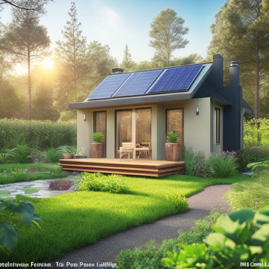 An illustration of a modern, eco-friendly home with a solar panel roof, surrounded by lush greenery, featuring a composting toilet in the foreground, with a pipe connecting it to a thriving garden.