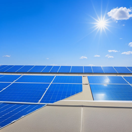 A serene, sunny rooftop with five sleek, black solar panels installed, surrounded by a subtle grid of white lines, set against a bright blue sky with a few wispy clouds.