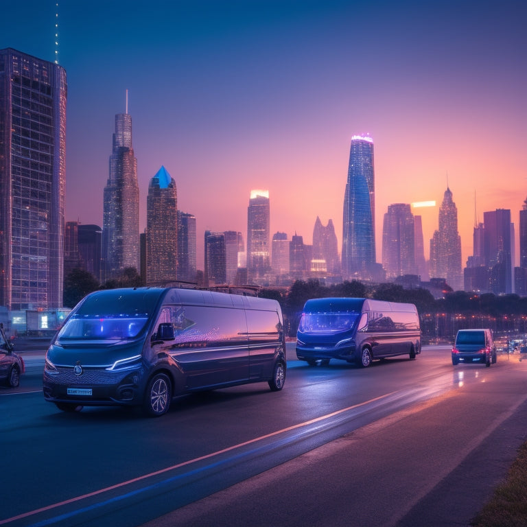 A futuristic cityscape at dusk with 5 sleek, electric vans in the foreground, each with distinct design elements, parked in a diagonal line, with blurred city lights and neon hues reflecting off their shiny bodies.