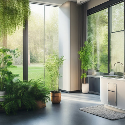 A serene, modern sustainable home interior with a large window, surrounded by lush greenery, featuring a sleek, eco-friendly water heater tank in the corner, with a subtle glow effect.