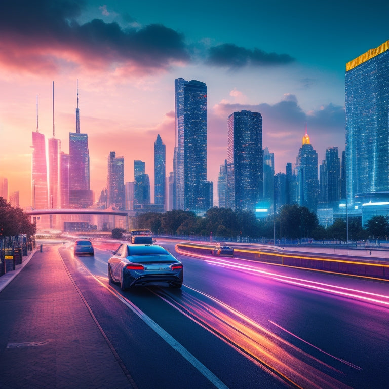 A futuristic cityscape at dusk, with sleek electric vehicles zipping by, charging stations and EV-friendly infrastructure integrated into the urban landscape, amidst a backdrop of neon lights and towering skyscrapers.