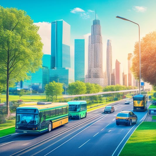 An illustration depicting a cityscape with a mix of electric vehicles, buses, and trucks, surrounded by greenery, with charging stations and a subtle American flag in the background, conveying a sense of innovation and progress.