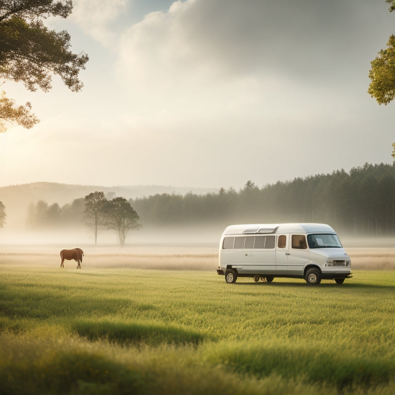 A serene, misty morning landscape featuring a white van parked in a lush green meadow, with various roof options (racks, tents, and solar panels) installed, showcasing versatility and functionality.