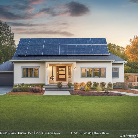 A serene suburban home with a sleek solar panel array on the roof, a compact battery storage unit in the backyard, and a faint glow of a smartphone screen displaying a smart energy monitoring dashboard.