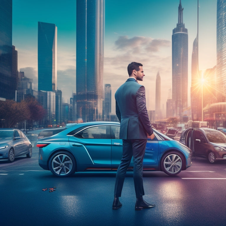 A stylized illustration of a person standing in front of a blurred cityscape, surrounded by various electric vehicles, with puzzle pieces fitting together to form a perfect match between the person and their ideal EV.