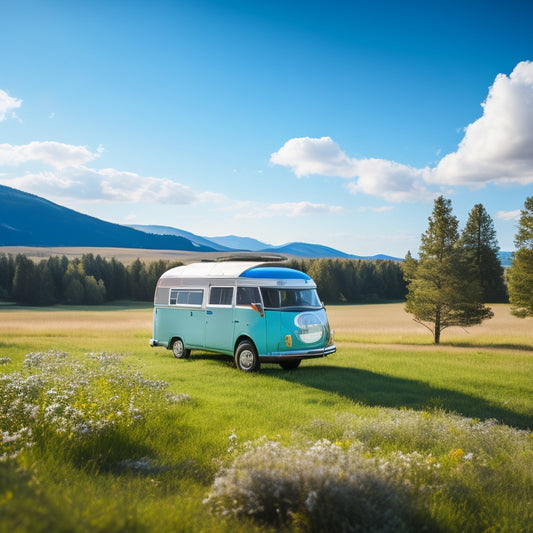 A serene landscape featuring a camper van parked in a sunny meadow, with solar panels installed on the roof, surrounded by lush greenery and a few fluffy white clouds in the bright blue sky.