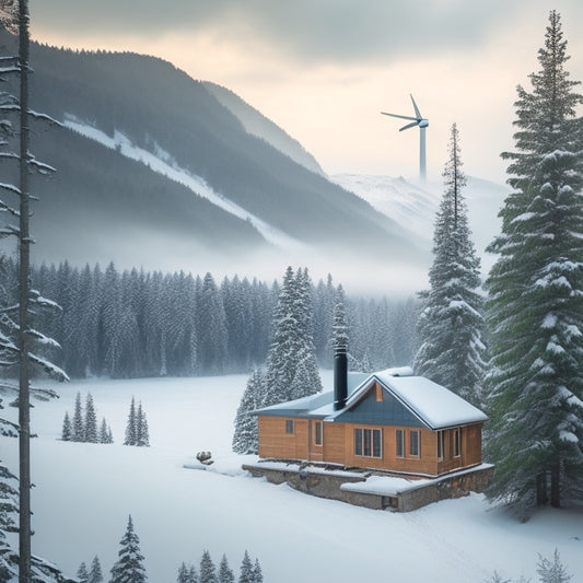 A serene, snow-covered cabin surrounded by evergreen trees, with solar panels on the roof, a wind turbine in the distance, and a rainwater collection system on the side, set against a misty mountain backdrop.