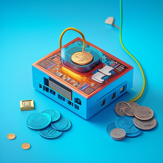 An illustration of a smart outlet with a tiny brain icon, surrounded by scattered coins and a miniature energy meter with decreasing numbers, set against a bright blue background with subtle circuit board patterns.