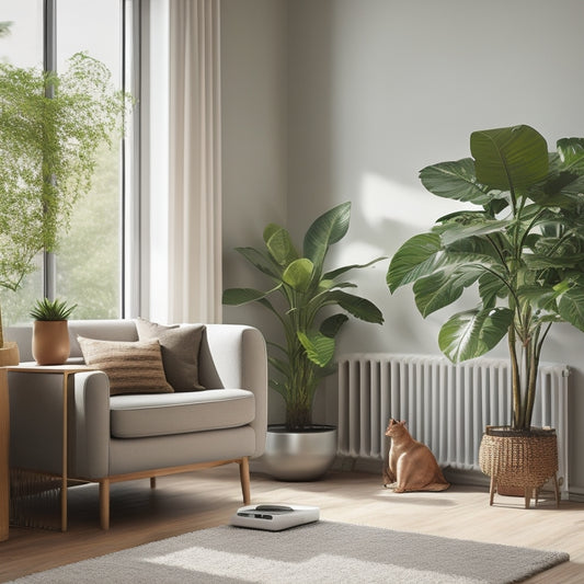 A minimalist living room with a small potted plant, a floor fan, and a compact air conditioning unit with a natural ventilation system, surrounded by calming earthy tones and plenty of natural light.