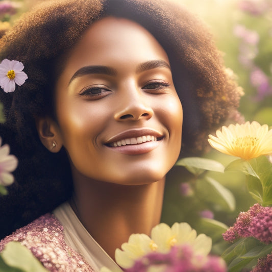 An illustration of a person surrounded by blooming flowers and lush greenery, with a subtle hint of pollen particles in the air, wearing a gentle smile and breathing easily.